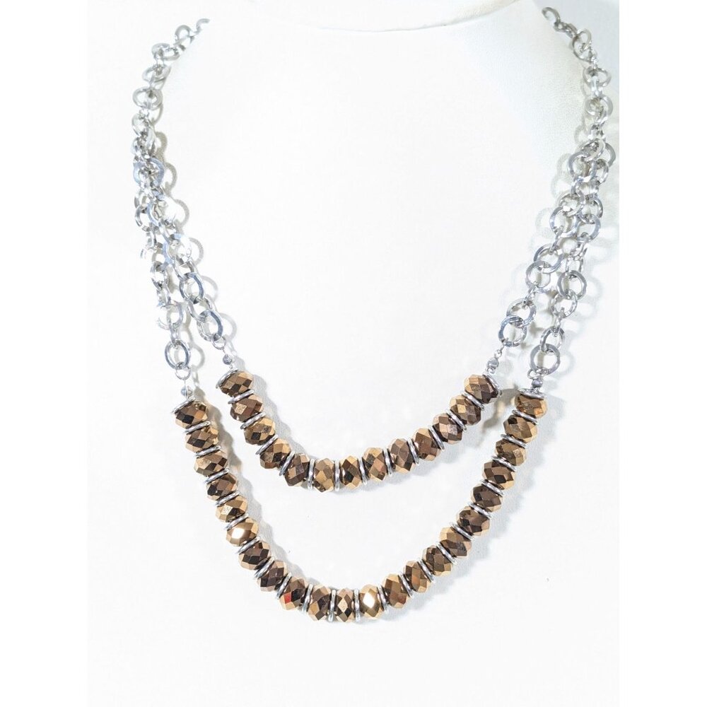 Bronze Tone Faceted Glass Bead Double Strand‎ Round Chain Necklace 22"